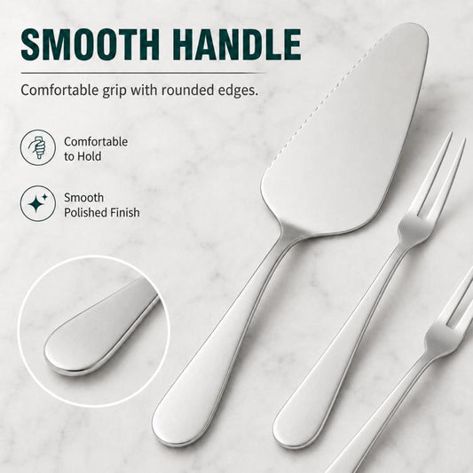 Stainless steel cake server and dessert forks with smooth, rounded handles