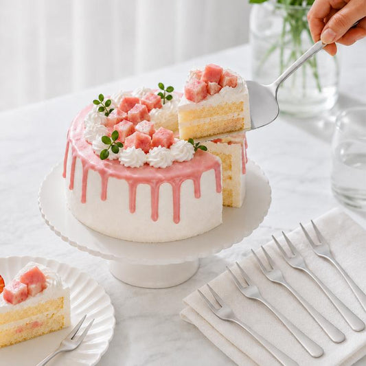Stainless steel cake server with dessert forks, used to slice a pink iced cake