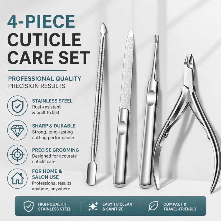 4-piece cuticle care set with stainless steel nipper, pusher, fork, and nail file