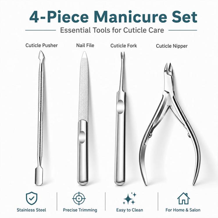 4-piece manicure set for cuticle care: cuticle pusher, nail file, fork, and nipper