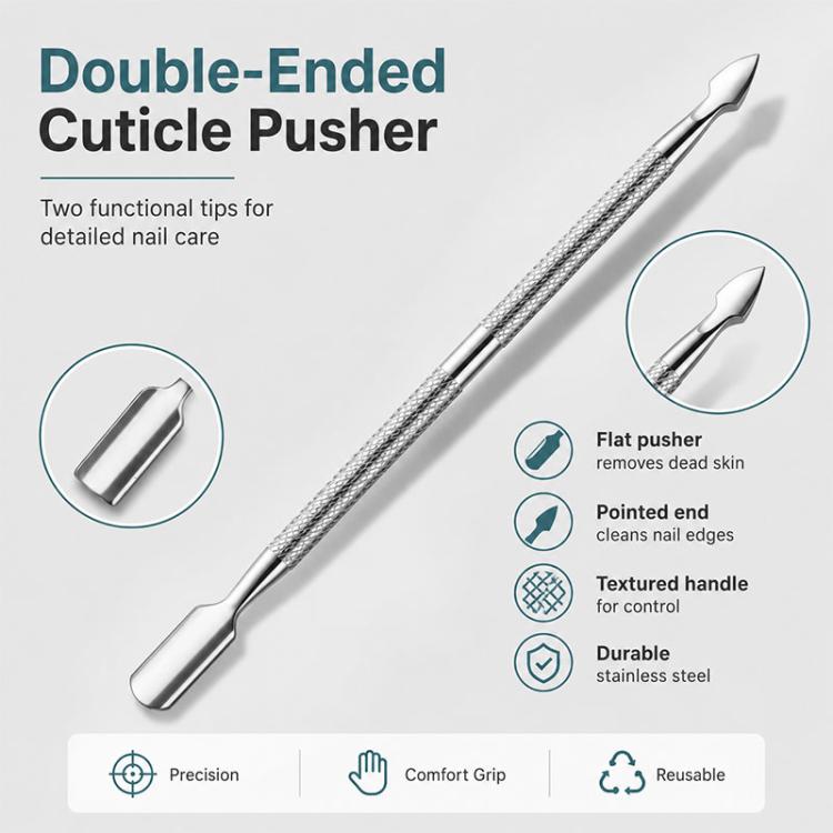 Double-ended stainless steel cuticle pusher with textured handle and pointed tip