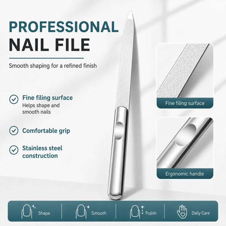 Stainless steel nail file with fine filing surface and ergonomic handle