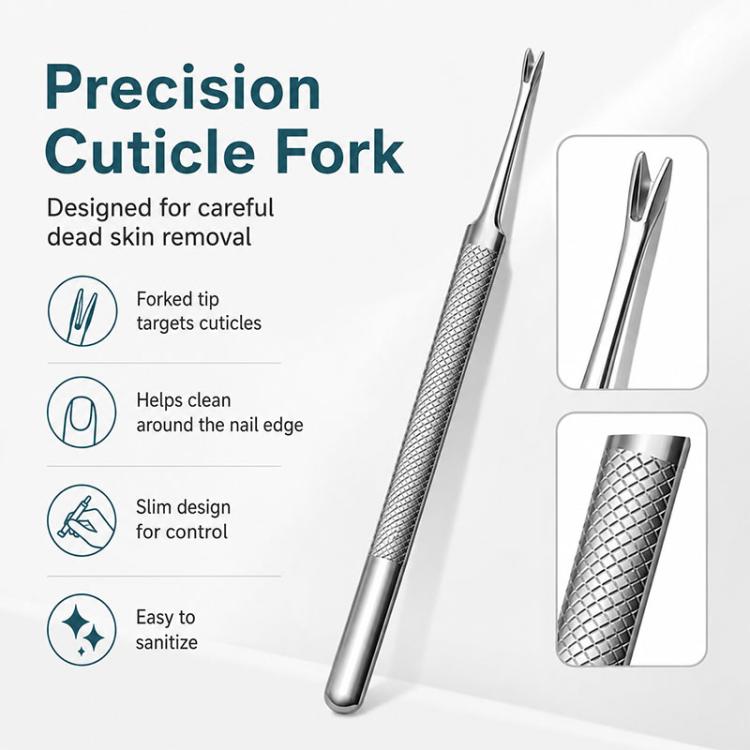 Precision stainless steel cuticle fork tool for cleaning nail edges