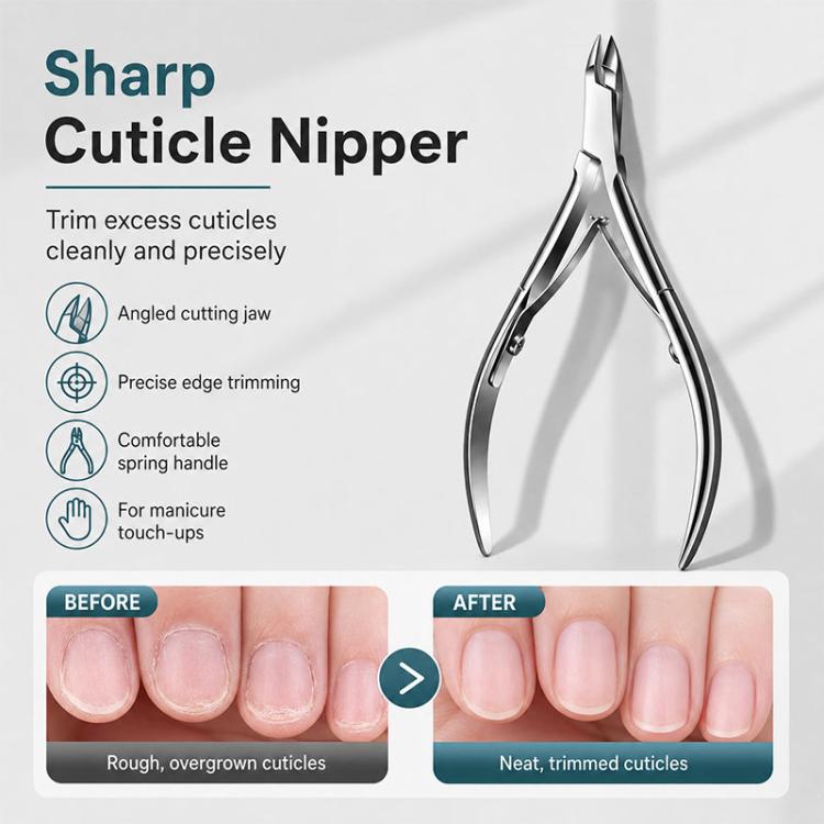 Sharp stainless steel cuticle nipper with spring handle and angled cutting jaws