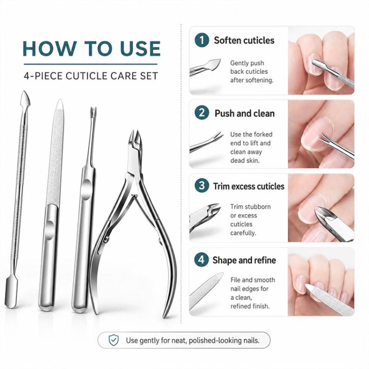 4-piece cuticle care tools set: pusher, nail file, fork, and cuticle nipper