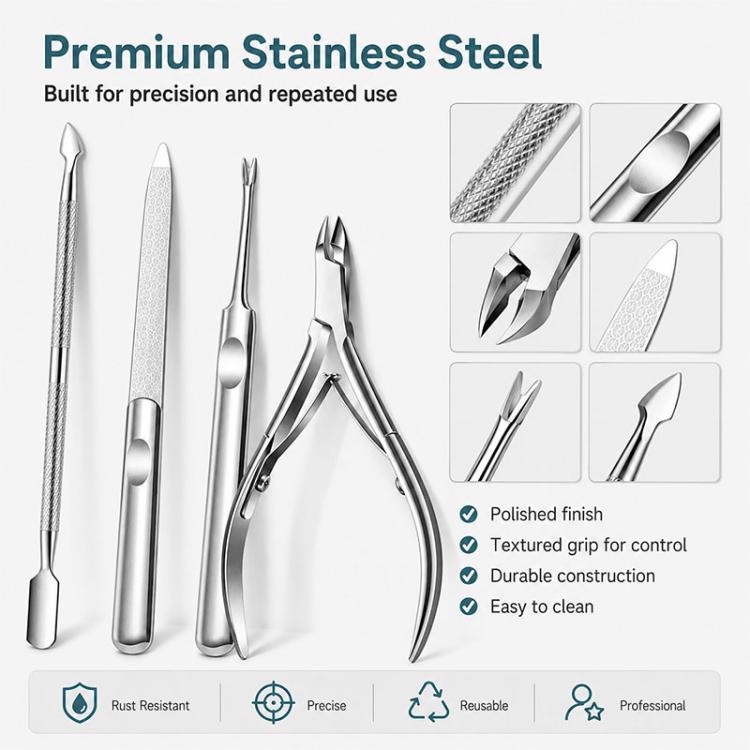 Premium stainless steel manicure tools set with cuticle pusher, file, fork, and nipper