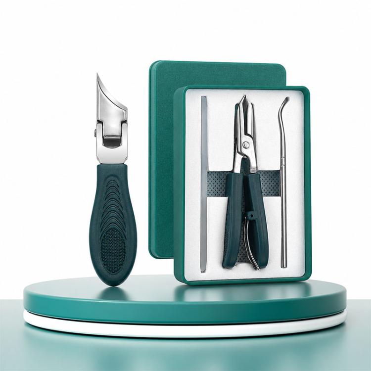 Teal nail care tool set with pointed slant clipper, file, cleaner pick, in storage case