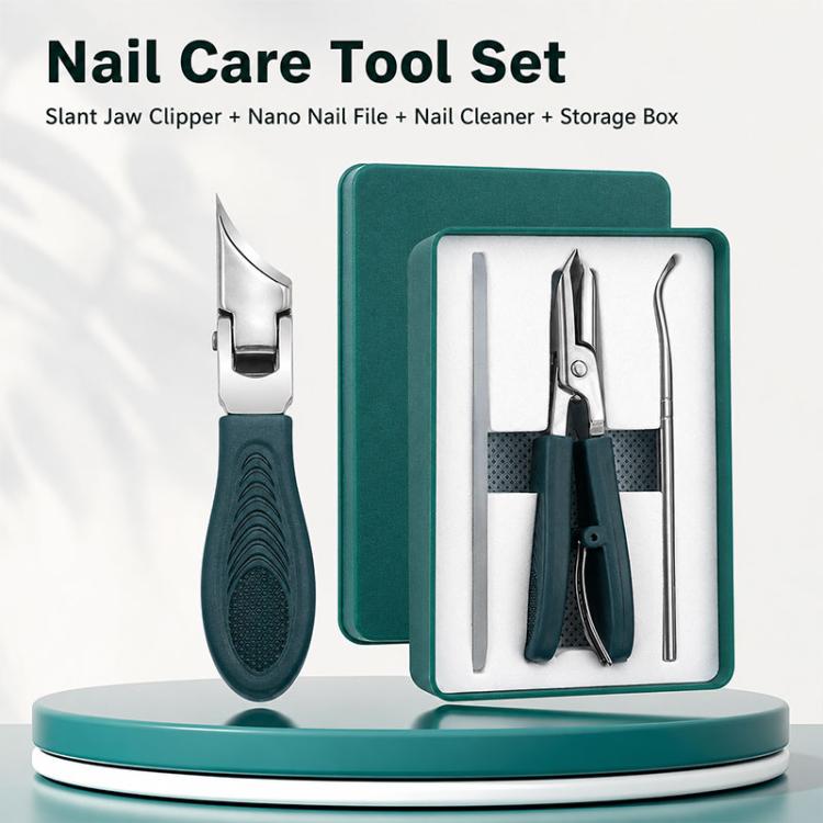 Nail care tool set with slant jaw clipper, nano file, nail cleaner pick, teal storage box