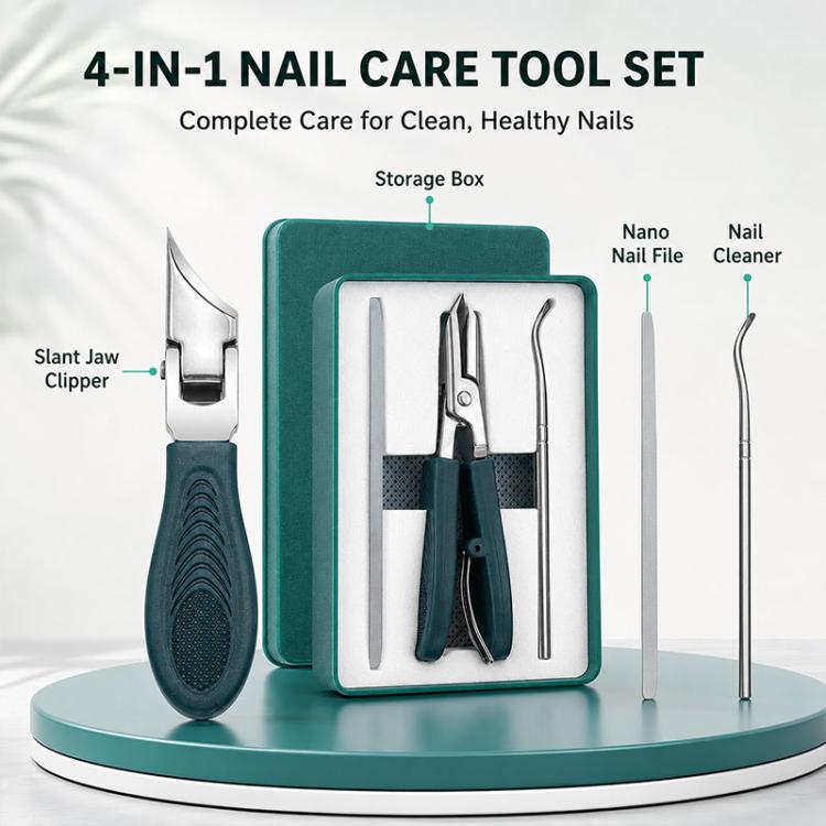 4-piece nail care set with slant clipper, two nail files, and cleaner pick in case