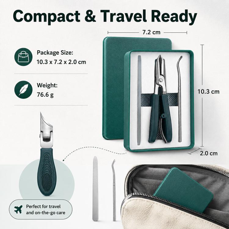 Compact nail care tool set with slant clipper, nano nail file, cleaner pick, teal case
