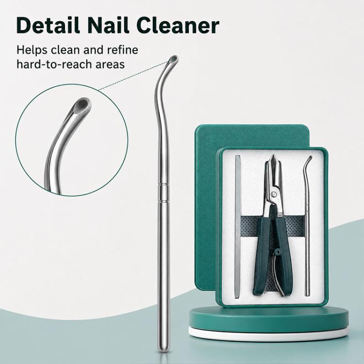 Nail cleaner pick tool with slender metal end; shown with teal storage case