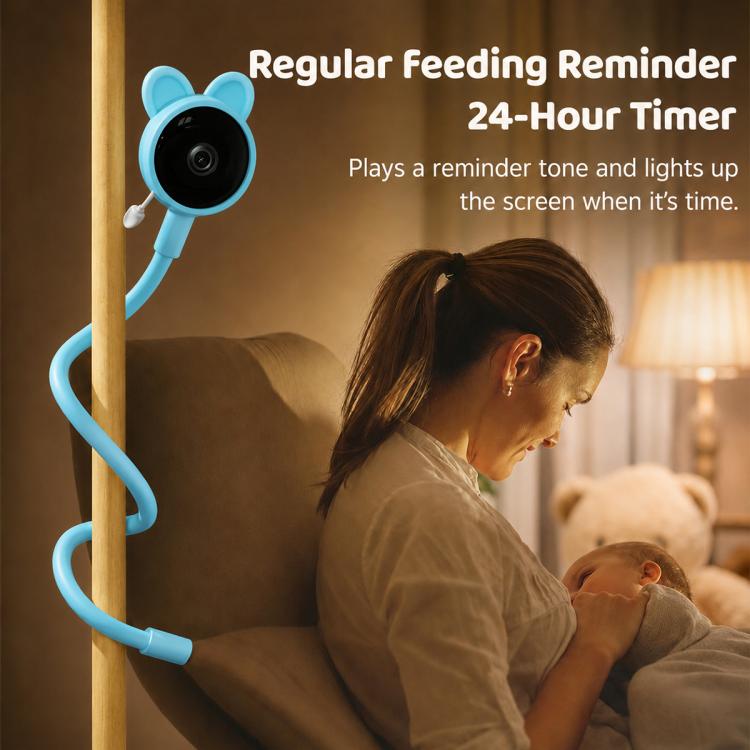 Blue wireless baby monitor camera with standing base and flexible arm