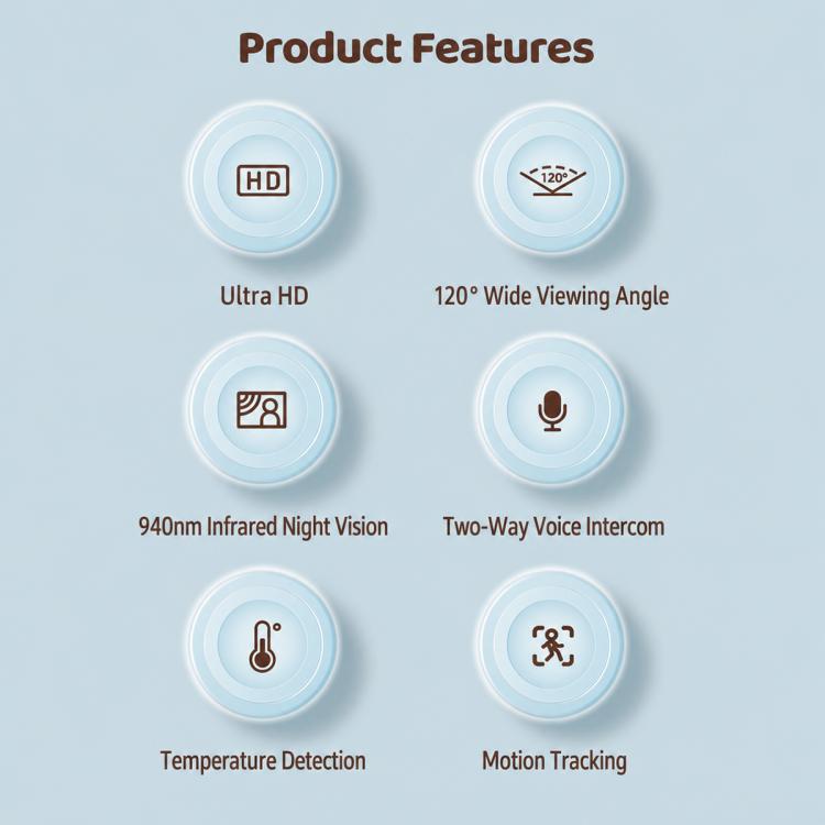 Blue wireless baby monitor camera on stand with circular lens housing and arms