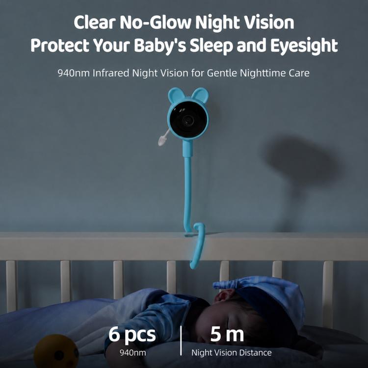 Blue wireless baby monitor camera on crib rail with night-vision lens and flexible neck