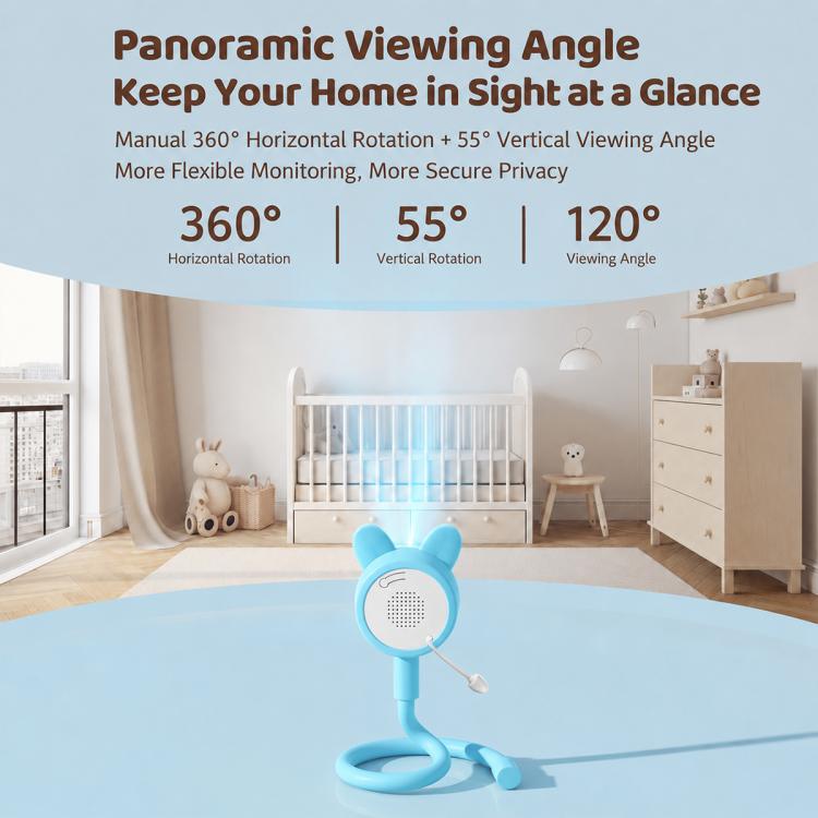 Wireless baby monitor camera with blue flexible stand and base, pan-view design shown