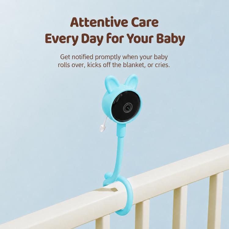 Blue wireless baby monitor camera clipped to crib rail with round lens head