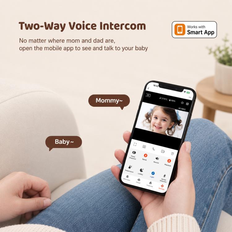 Smartphone app display for wireless baby monitor with two-way voice intercom UI