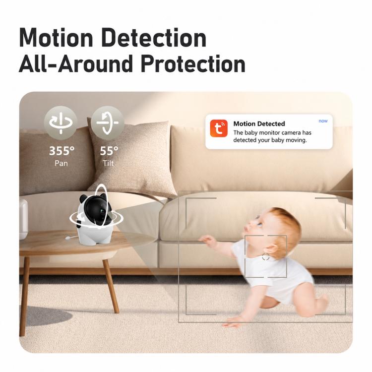 White baby monitor camera on a stand with motion detection coverage graphic
