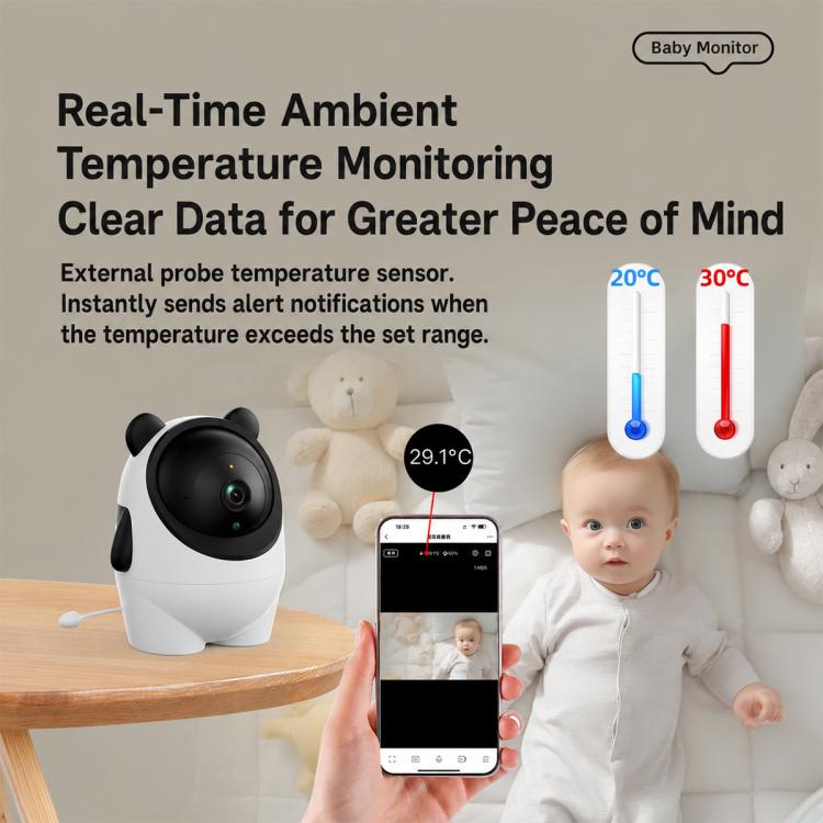 White baby monitor camera with temperature sensor display on a phone