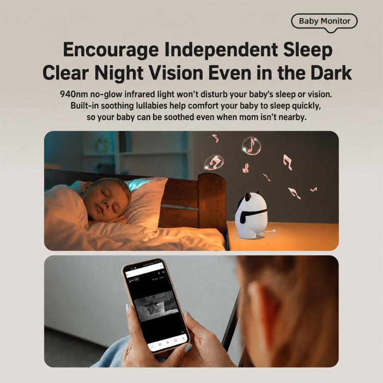 White Wi‑Fi baby monitor camera with night-vision view on smartphone screen