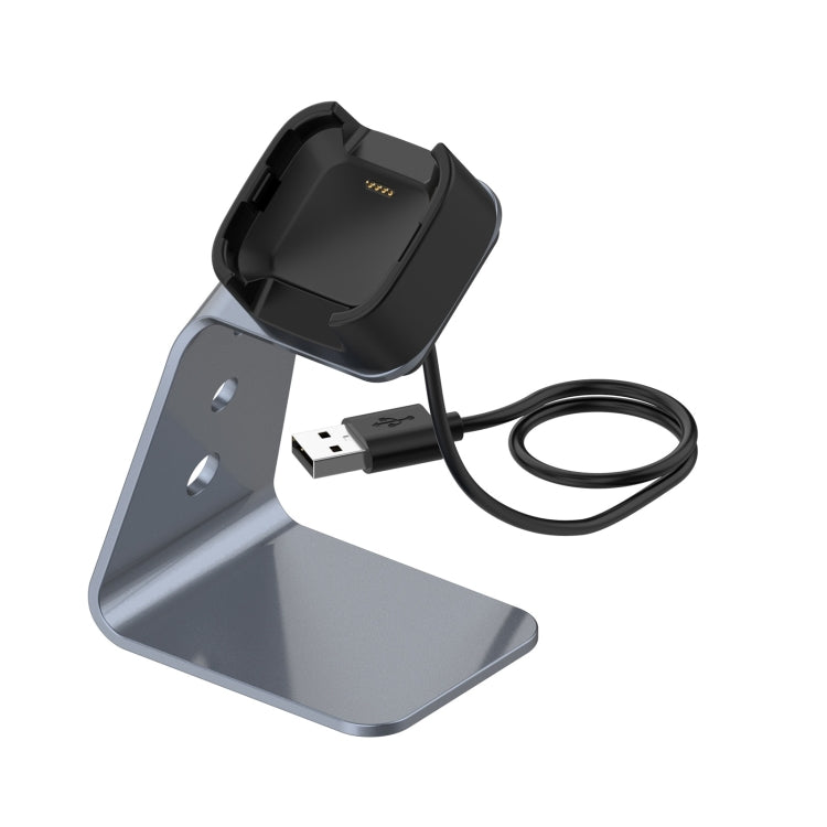 Grey aluminum alloy charger holder with black dock and USB cable for Fitbit Versa