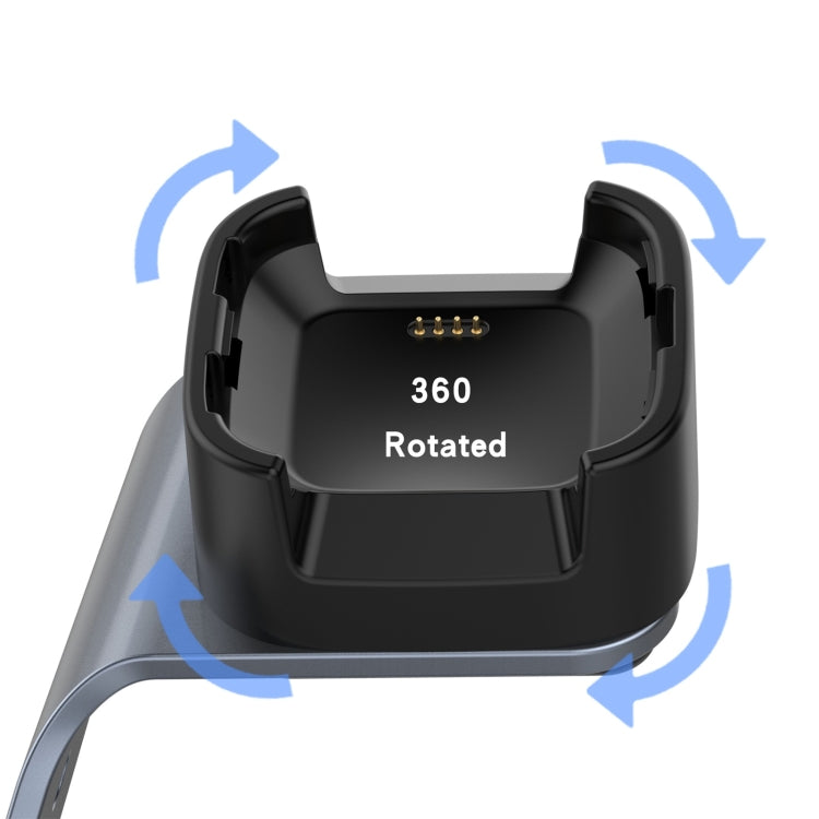 Black 360° rotating charger dock on a grey aluminum holder
