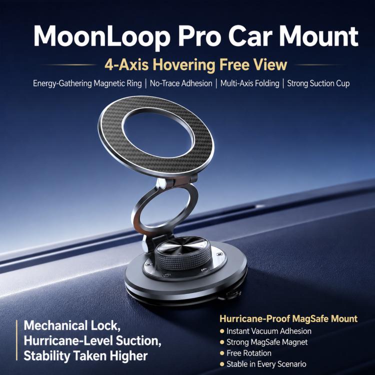 Carbon-fiber textured magnetic car phone mount with circular ring and rotating arm