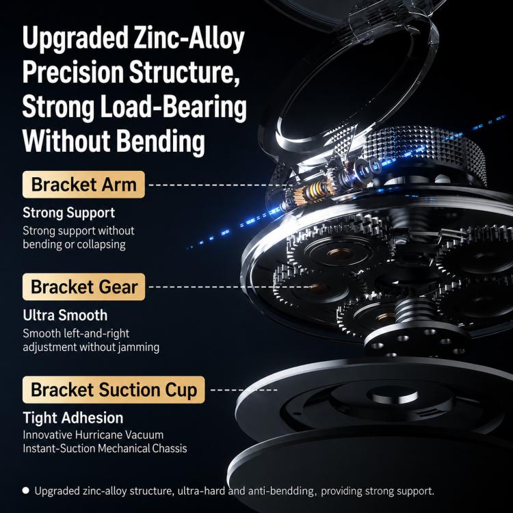 Black zinc-alloy magnetic phone holder with adjustable bracket and suction cup