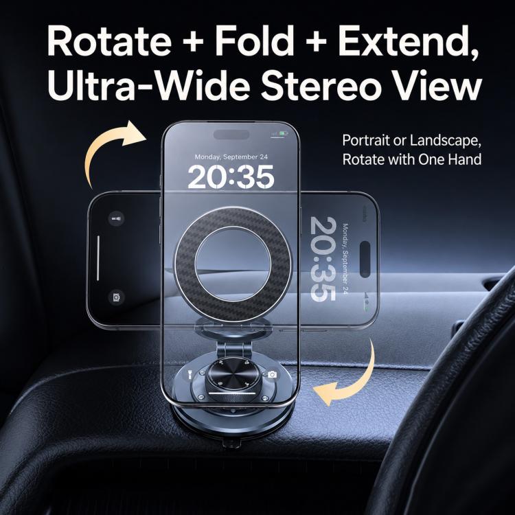 Rotating ring magnetic car phone mount holding a phone for portrait or landscape