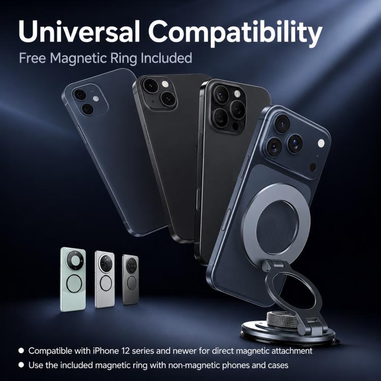 Grey magnetic phone holder with carbon-fiber textured 360° ring and attachment base