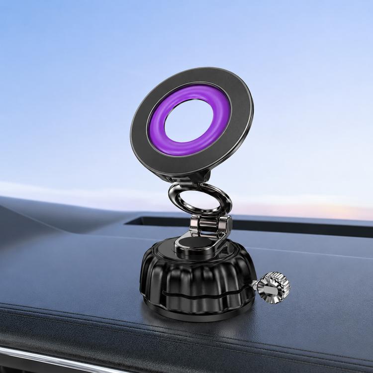 Black suction cup magnetic car phone holder with purple ring magnetic head and swivel arm