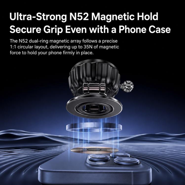 Black suction cup magnetic phone holder with round magnetic head and textured swivel base
