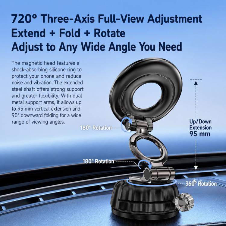 Black suction cup magnetic car phone holder with adjustable magnetic head on dashboard