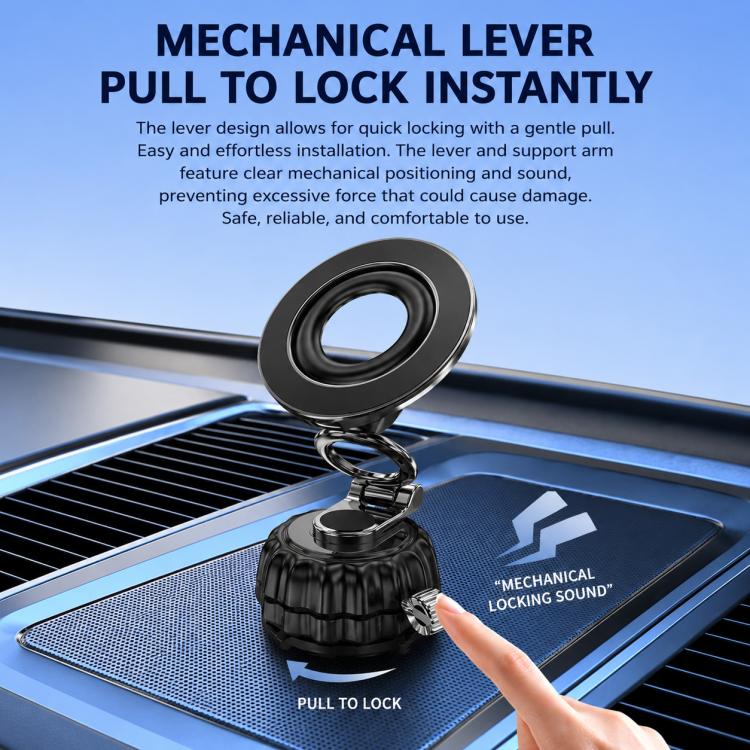 Black suction-cup phone holder with mechanical lever locking ring for car dashboard