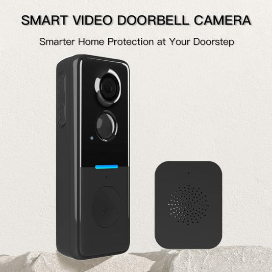 Black smart video doorbell camera and square speaker chime for door entry