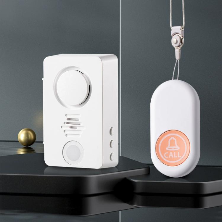 Wireless call receiver and oval wearable call button, both white, with orange CALL badge.