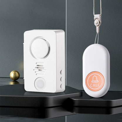 Wireless call receiver and oval wearable call button, both white, with orange CALL badge.