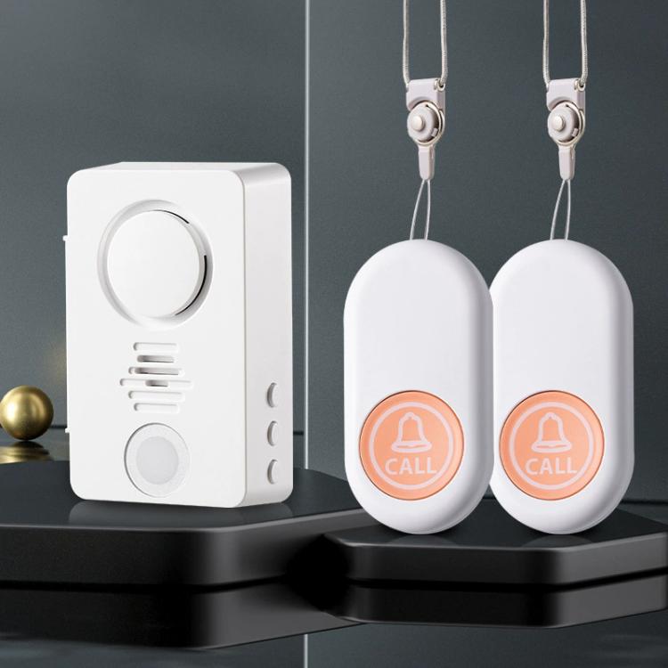 White wireless receiver and two hanging oval call buttons with orange CALL badges.
