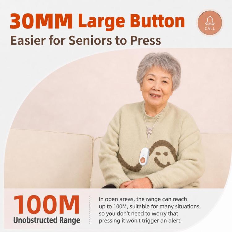 Elderly person holding a white oval wearable call button with an orange CALL icon.