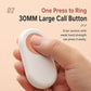 Hand pressing a white oval call button with an orange CALL icon and raised edge.