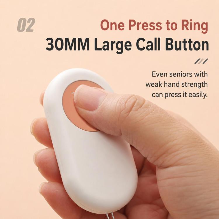 Hand pressing a white oval call button with an orange CALL icon and raised edge.