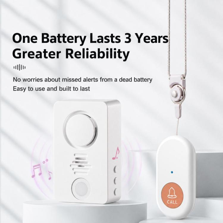 White wireless doorbell receiver and pendant call transmitter set with lanyard