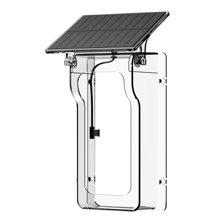 Transparent outdoor solar rain cover with top solar panel and clear doorbell enclosure