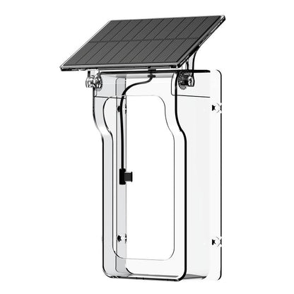 Transparent outdoor solar rain cover with top solar panel and clear doorbell enclosure