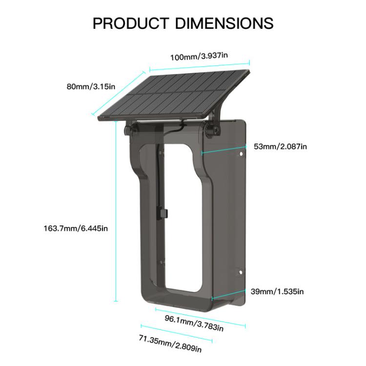 Outdoor solar rain cover product dimensions diagram with solar panel and frame