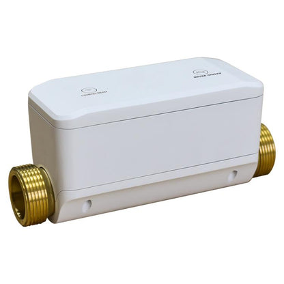 White WiFi smart water valve with brass threaded inlet and outlet ports