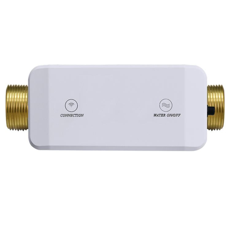White smart water valve with WiFi and water-off icons, brass threaded ports