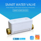 White smart water valve with brass threaded ports and top status icons