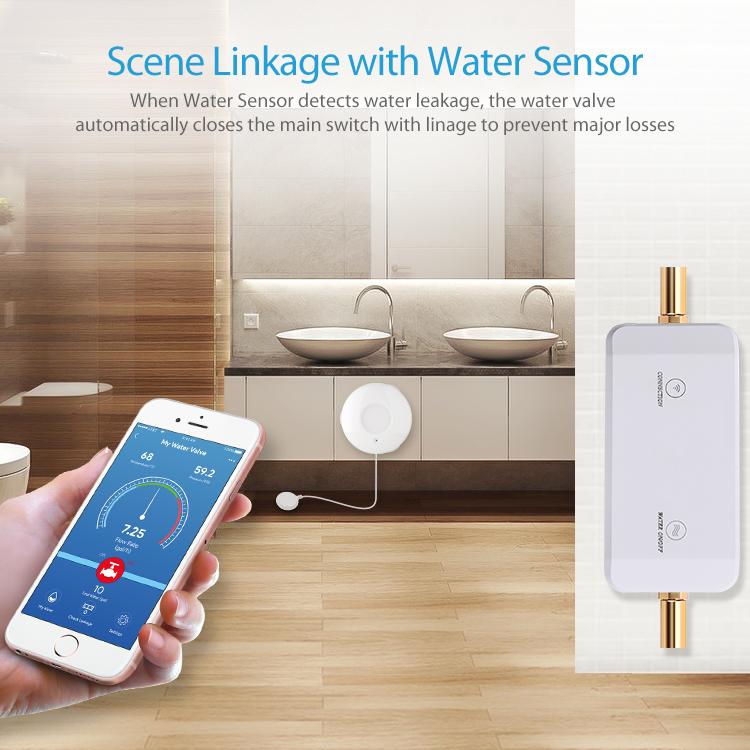 White WiFi smart water valve with brass inlet/outlet fittings and control label