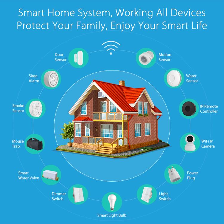 WiFi smart water valve module with brass ends shown on smart home system diagram